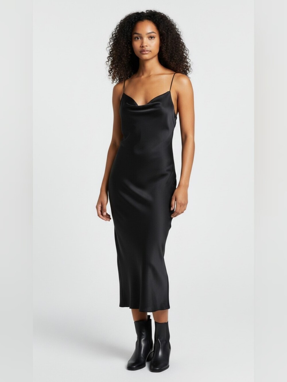 Supesu Eden Satin Slip Midi Dress Black Spaghetti Straps Side Slit Size 4